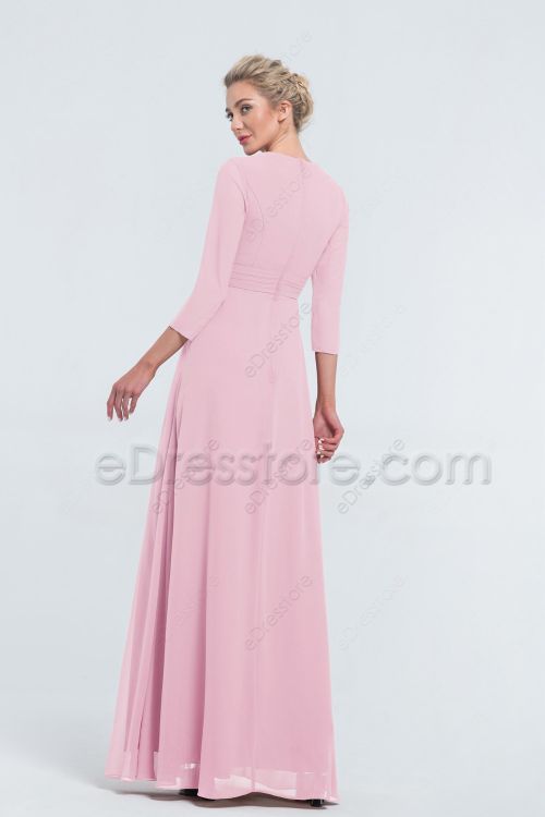 Modest Beaded Baby Pink Bridesmaid Dresses Long Sleeves