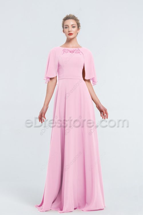Modest Beaded Baby Pink Bridesmaid Dresses with Cape