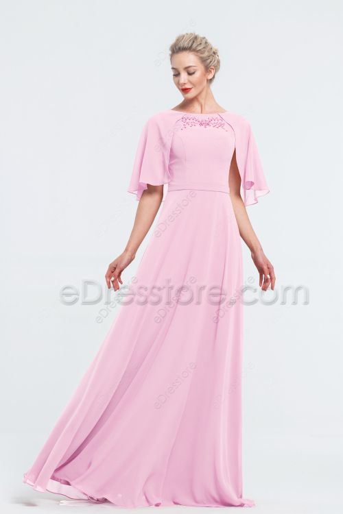 Modest Beaded Baby Pink Bridesmaid Dresses with Cape