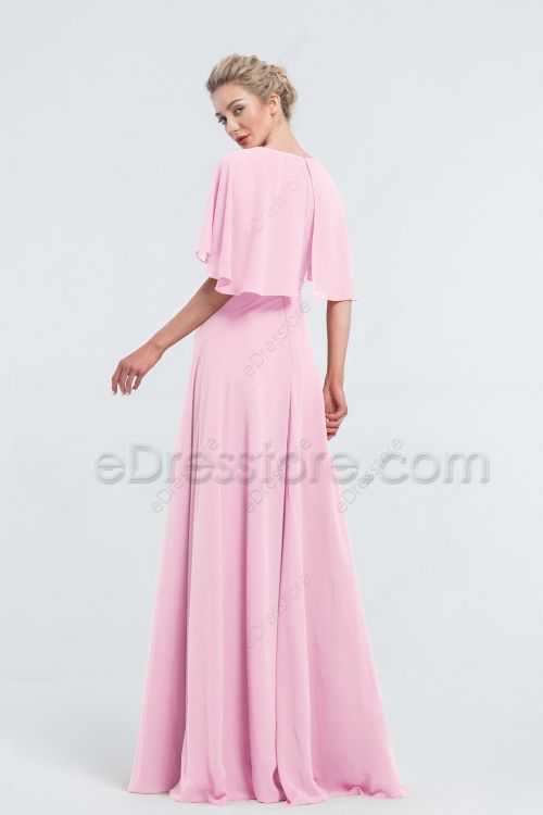 Modest Beaded Baby Pink Bridesmaid Dresses with Cape