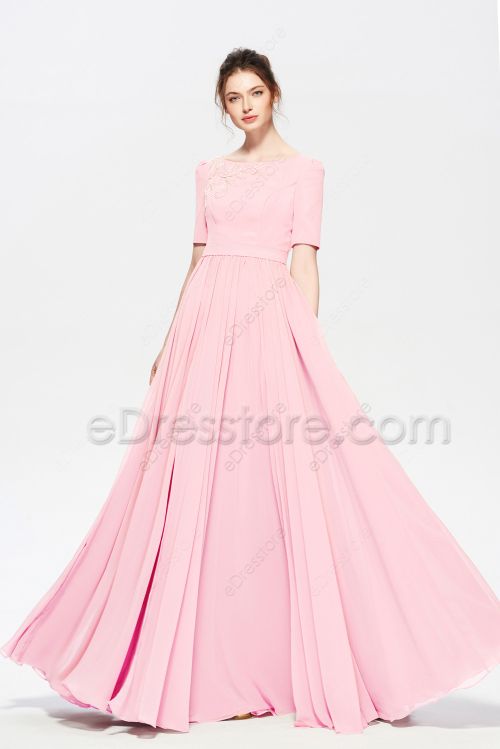 Modest Beaded Baby Pink Bridesmaid Dresses with Elbow Sleeves