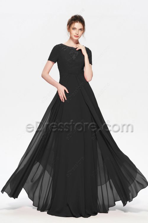 Modest Beaded Black Bridesmaid Dresses with Sleeves
