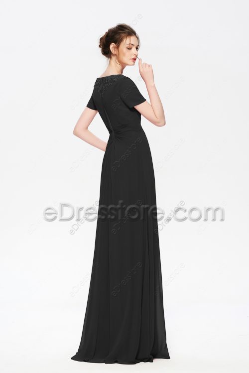 Modest Beaded Black Bridesmaid Dresses with Sleeves