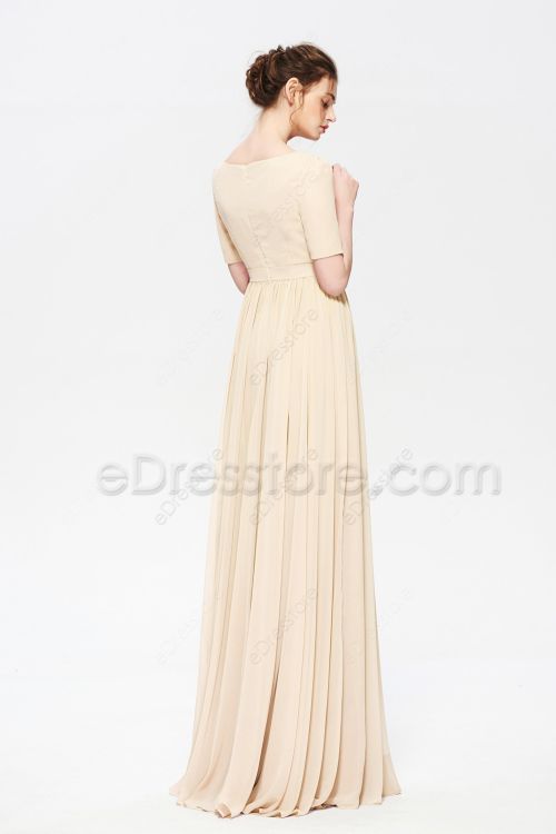 Modest Beaded Champagne Bridesmaid Dresses with Sleeves