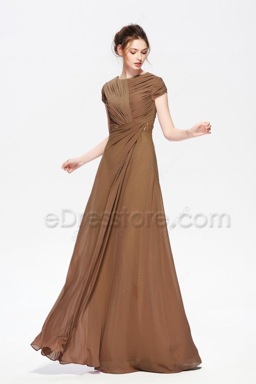 Modest Beaded Chocolate Brown Bridesmaid Dresses Cap Sleeves
