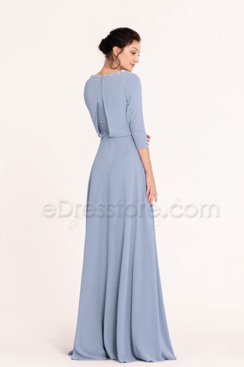 Modest Beaded Crystal French Blue Bridesmaid Dresses with Sleeves