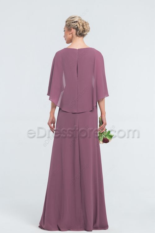 Modest Beaded Dark Mauve Bridesmaid Dresses with Cape