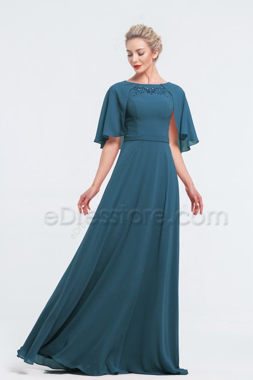 Modest Beaded Dark Teal Bridesmaid Dresses with Cape