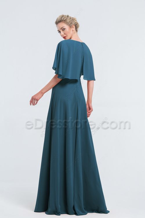 Modest Beaded Dark Teal Bridesmaid Dresses with Cape
