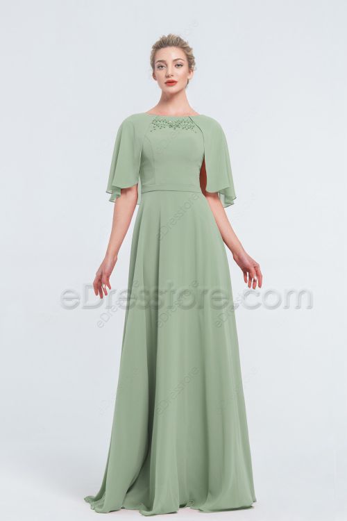 Modest Beaded Dusty Sage Bridesmaid Dresses with Cape