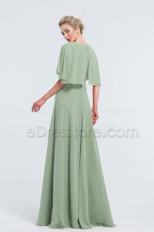 Modest Beaded Dusty Sage Bridesmaid Dresses with Cape