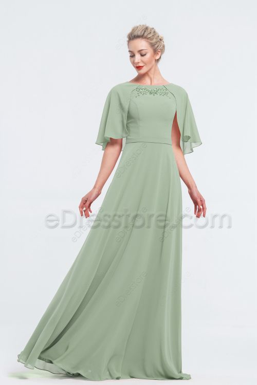 Modest Beaded Dusty Sage Bridesmaid Dresses with Cape
