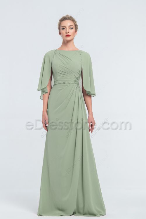 Modest Beaded Dusty Sage Green Bridesmaid Dresses with Cape