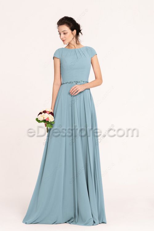 Modest Beaded French Blue Bridesmaid Dresses Cap Sleeves