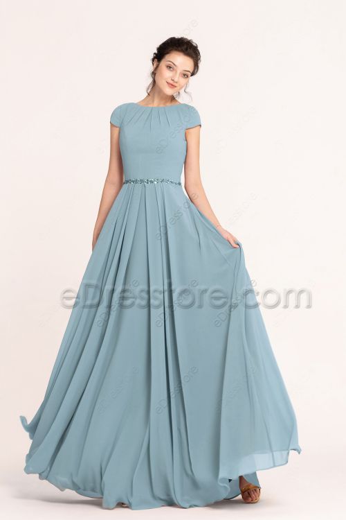 Modest Beaded French Blue Bridesmaid Dresses Cap Sleeves