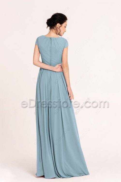 Modest Beaded French Blue Bridesmaid Dresses Cap Sleeves