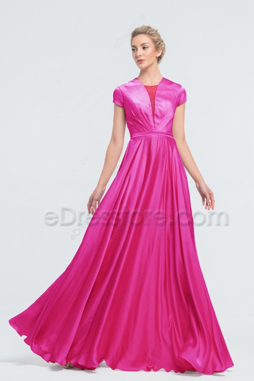 Modest Beaded Hot Pink Satin Bridesmaid Dresses