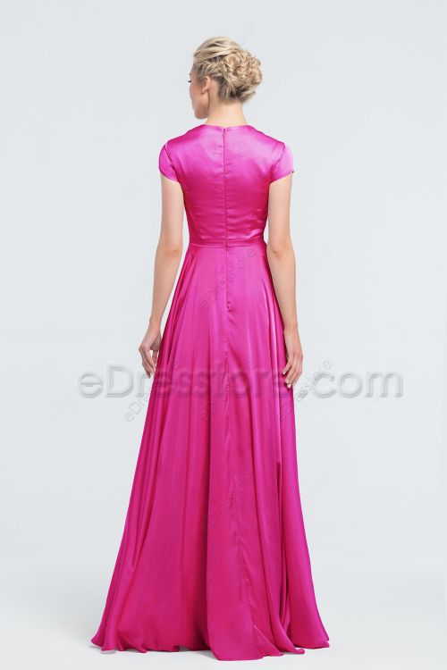 Modest Beaded Hot Pink Satin Bridesmaid Dresses
