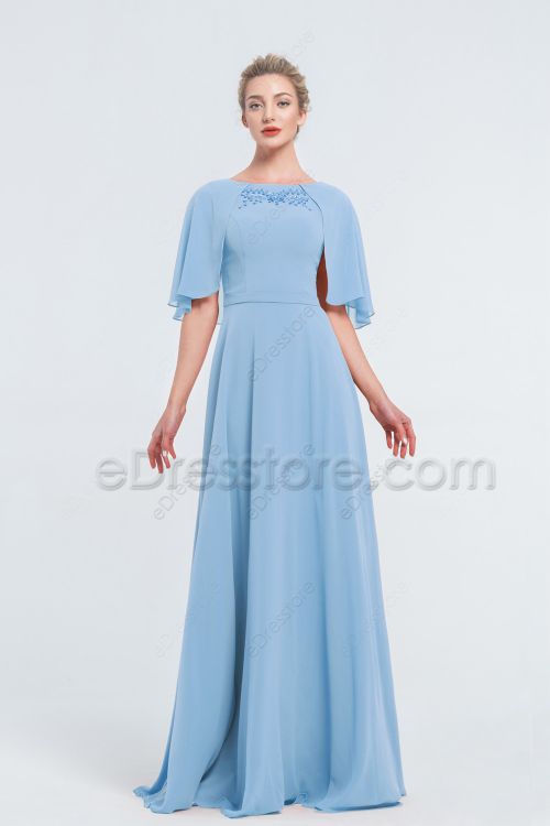 Modest Beaded Ice Blue Bridesmaid Dresses with Cape