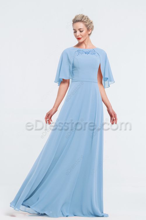 Modest Beaded Ice Blue Bridesmaid Dresses with Cape