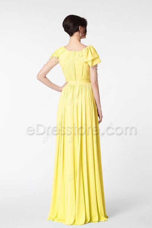 Modest Beaded Light Yellow Bridesmaid Dresses