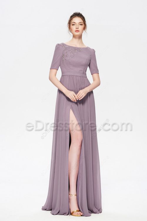 Modest Beaded Mauve Bridesmaid Dresses with Sleeves