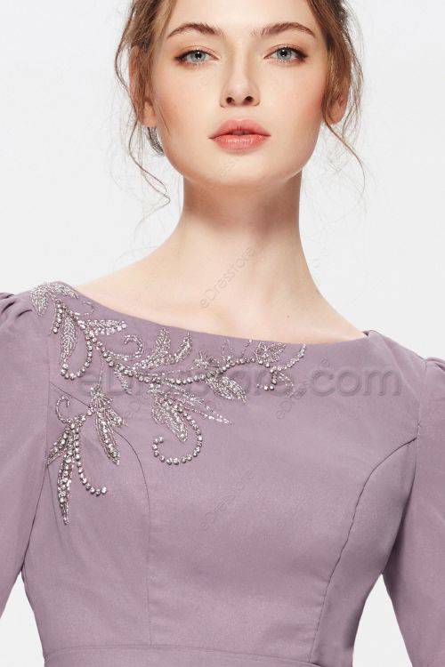 Modest Beaded Mauve Bridesmaid Dresses with Sleeves