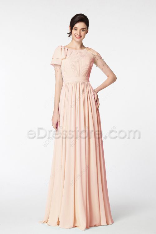 Modest Beaded Peach Bridesmaid Dresses with Sleeves