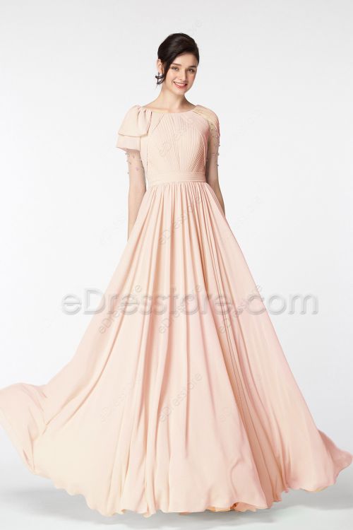 Modest Beaded Peach Bridesmaid Dresses with Sleeves