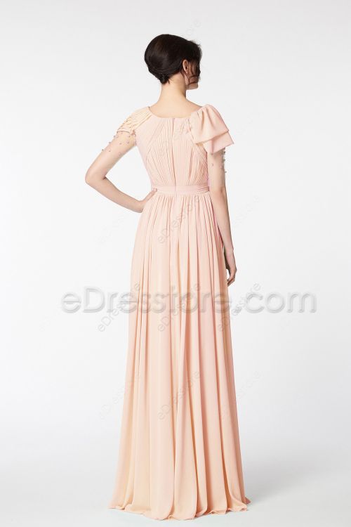 Modest Beaded Peach Bridesmaid Dresses with Sleeves