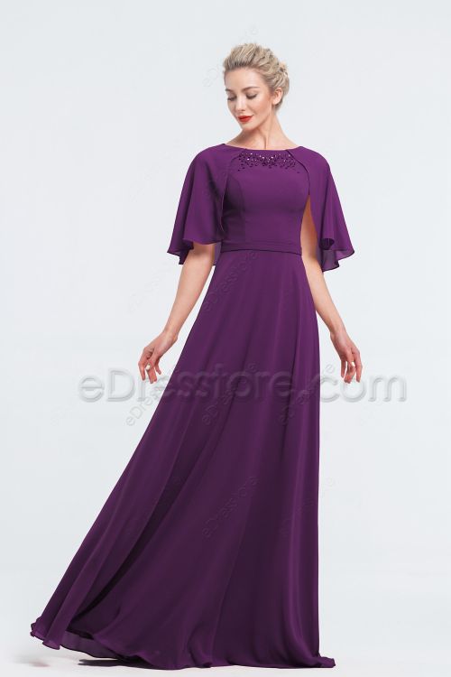 Modest Beaded Plum Bridesmaid Dresses with Cape