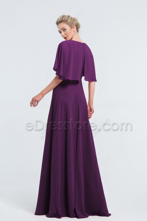 Modest Beaded Plum Bridesmaid Dresses with Cape