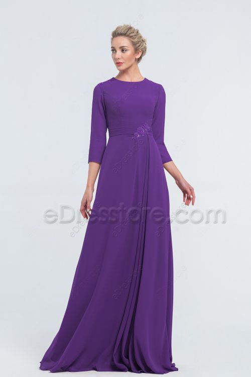 Modest Beaded Royal Purple Bridesmaid Dresses with Sleeves