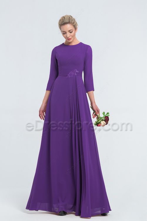 Modest Beaded Royal Purple Bridesmaid Dresses with Sleeves