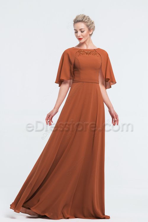 Modest Beaded Rust Color Bridesmaid Dresses with Cape Sleeves