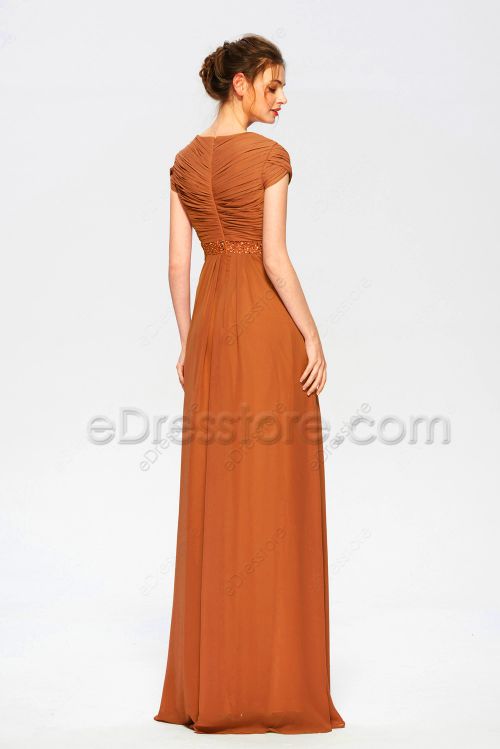 Modest Beaded Rustic Orange Bridesmaid Dresses Cap Sleeves