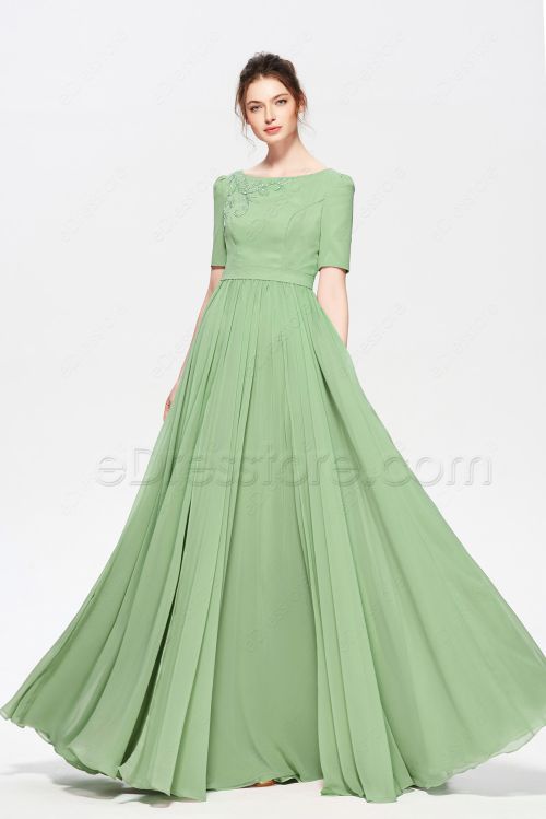 Modest Beaded Sage Green Bridesmaid Dresses Elbow Sleeves