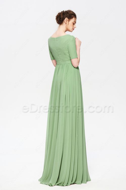 Modest Beaded Sage Green Bridesmaid Dresses Elbow Sleeves