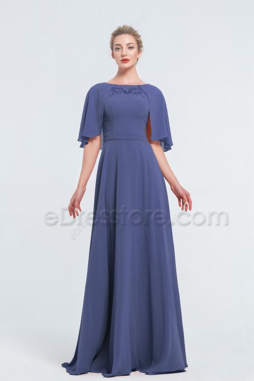 Modest Beaded Slate Blue Bridesmaid Dresses with Cape