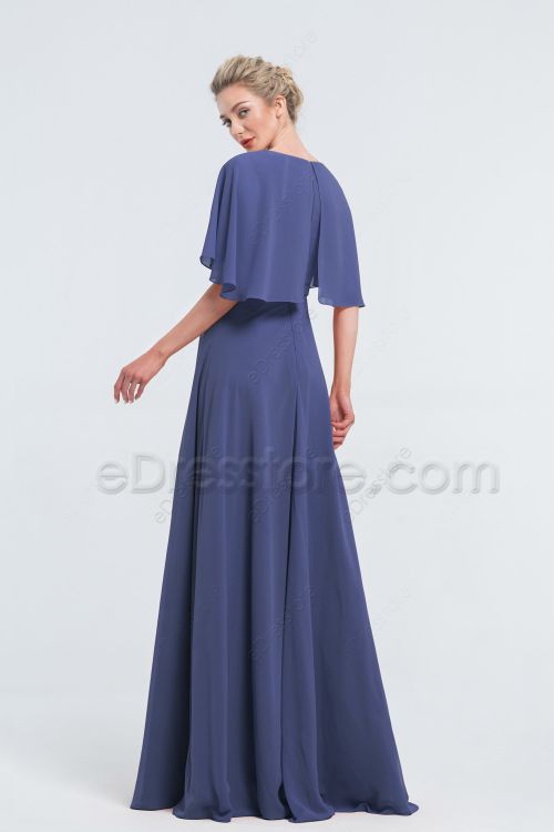Modest Beaded Slate Blue Bridesmaid Dresses with Cape