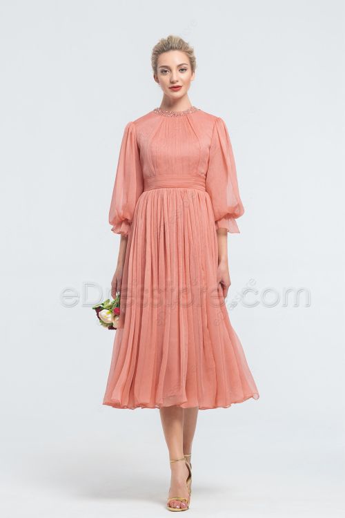 Modest Beaded Soft Terracotta Midi Bridesmaid Dresses with Sleeves