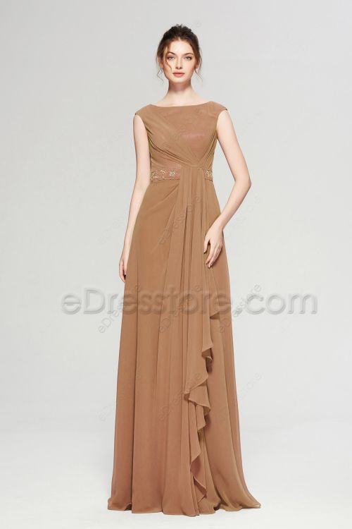 Modest Beaded Warm Light Mocha Bridesmaid Dresses