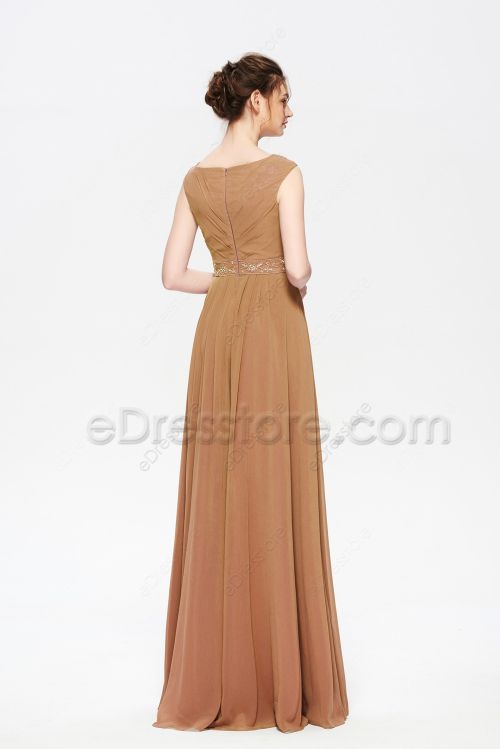 Modest Beaded Warm Light Mocha Bridesmaid Dresses