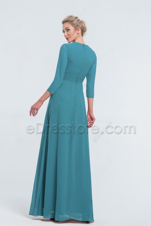 Modest Beautiful Beaded Turquoise Bridesmaid Dresses with Sleeves