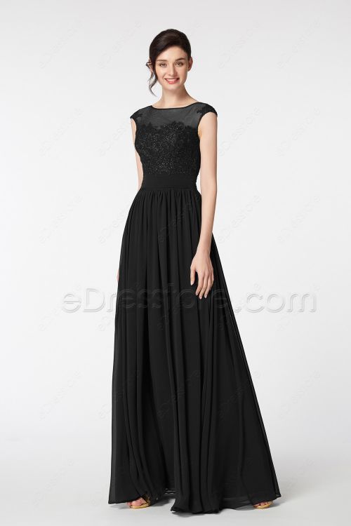 Modest Black Bridesmaid Dresses with Embroidery
