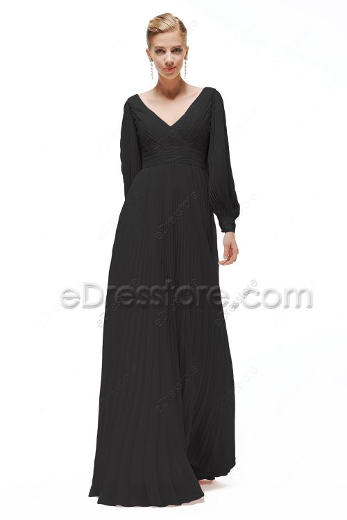 Modest Black Chiffon Bridesmaid Dresses Long Sleeves