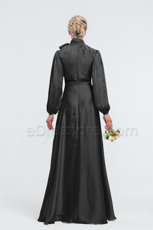 Modest Black Satin Bridesmaid Dresses Long Sleeves Under 100
