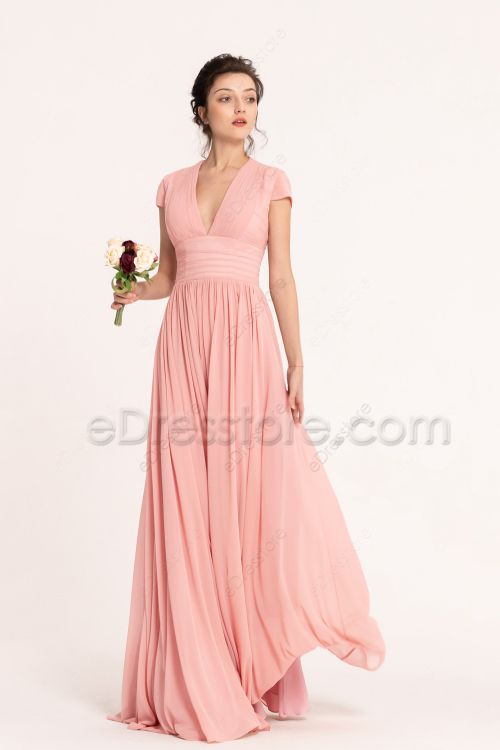 Modest Blush Pink Bridesmaid Dresses Cap Sleeves for Summer Weddings