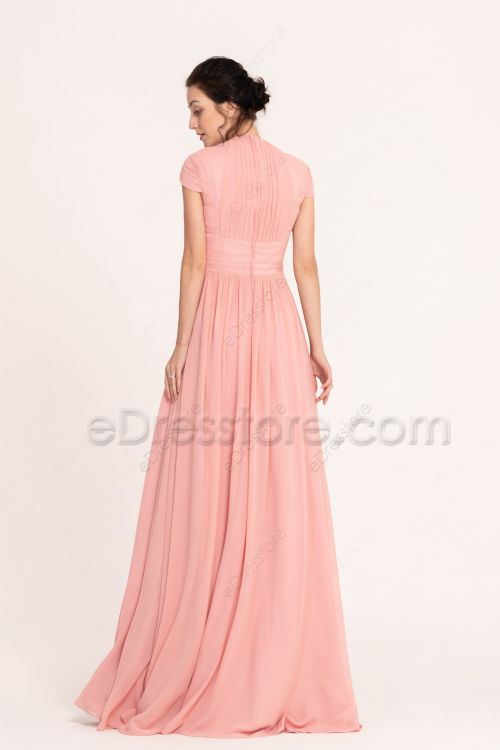 Modest Blush Pink Bridesmaid Dresses Cap Sleeves for Summer Weddings