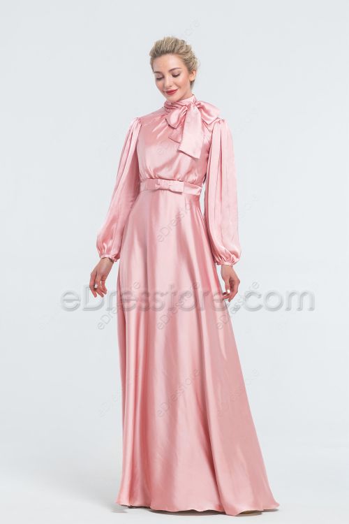 Modest Blush Pink Satin Bridesmaid Dresses Long Sleeves